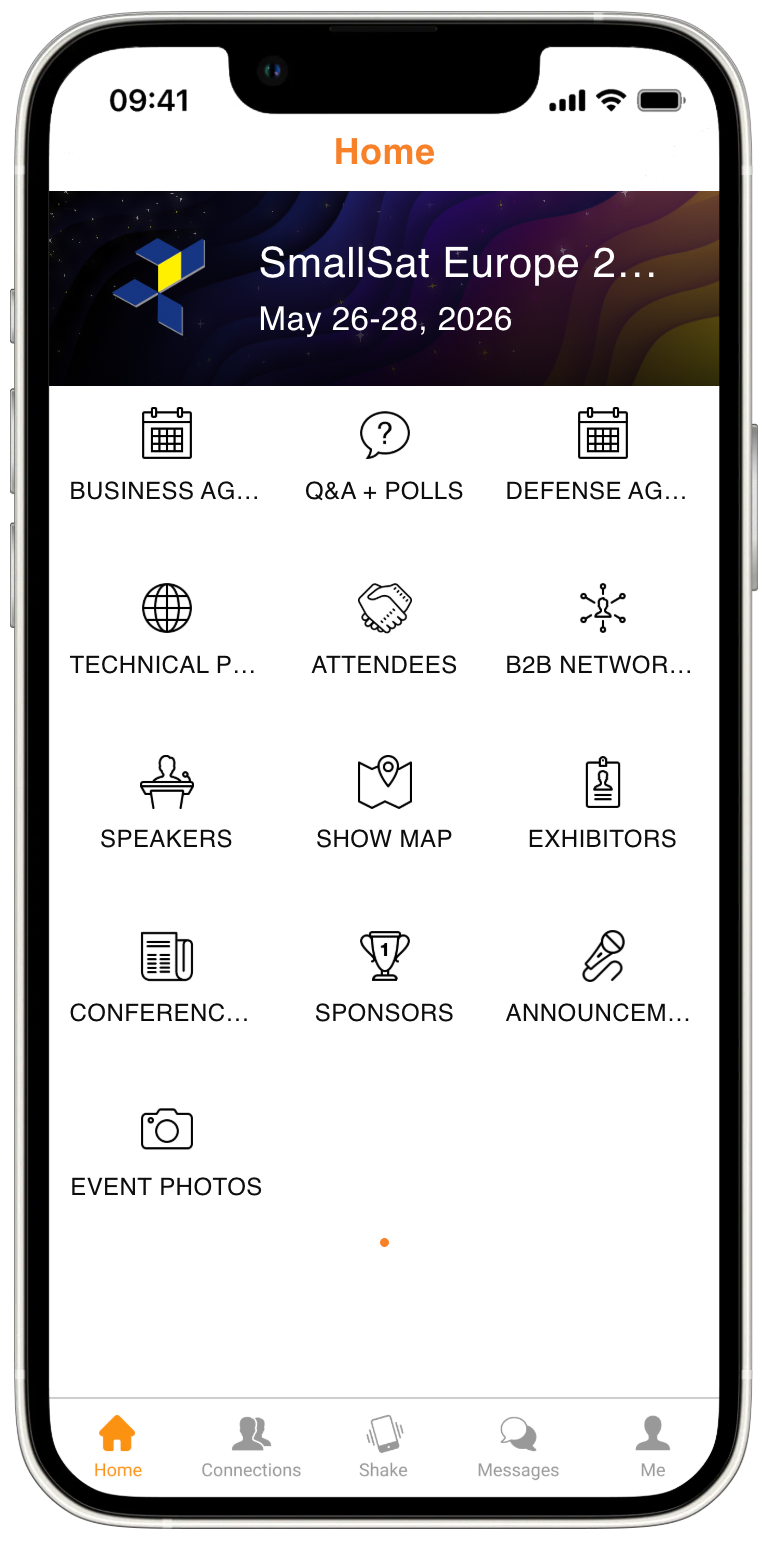 Phone with SmallSat Europe 2026 app home screen
